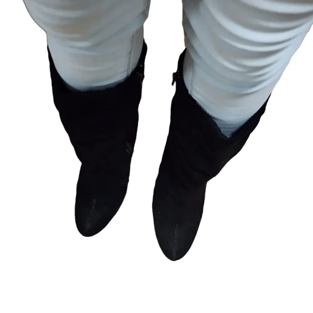 Black suede mid calf heeled booties